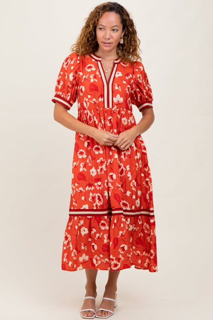 Red Floral Contrast Trim Maternity Midi Dress