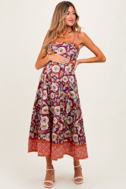 Burgundy Floral Contrast Print Sleeveless Maternity Midi Dress