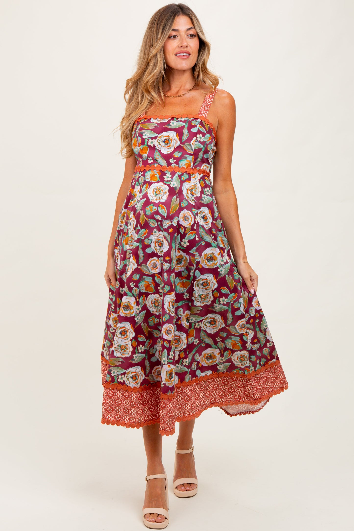 Burgundy Floral Contrast Print Sleeveless Maternity Midi Dress