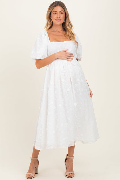 Ivory Embroidered Floral Puff Sleeve Maternity Midi Dress