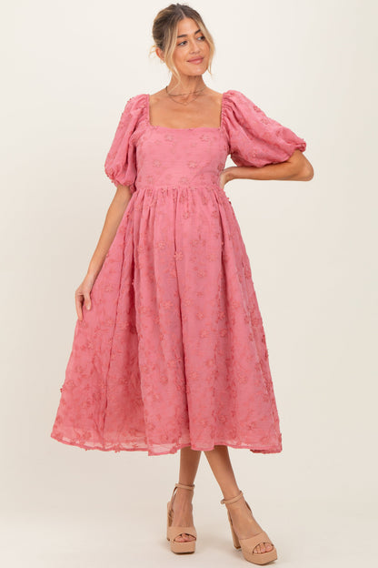 Mauve Embroidered Floral Puff Sleeve Maternity Midi Dress
