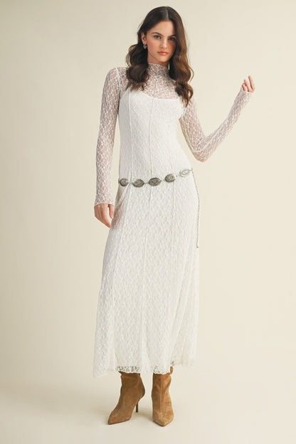 White Lace Mock Neck Long Sleeve Maternity Maxi Dress