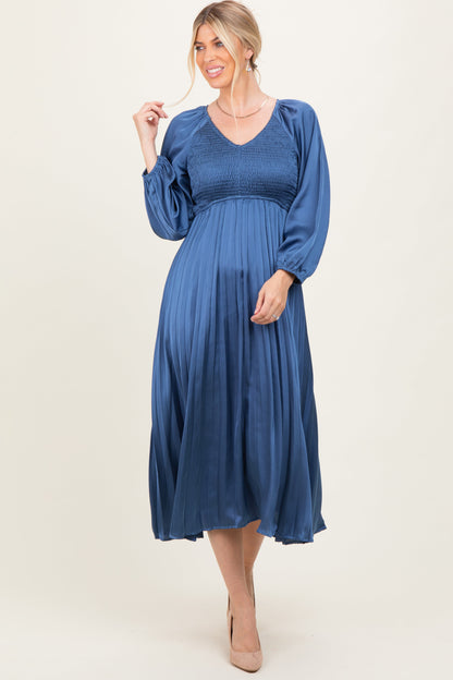 Blue Satin Smocked Pleated Maternity Midi Dress