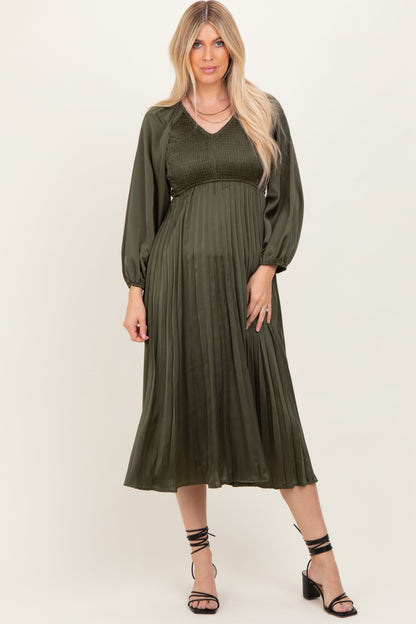 Olive Satin Smocked Pleated Maternity Midi Dress