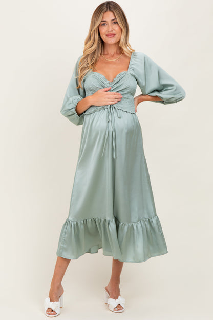 Light Olive Satin Smocked Cinched Bust Maternity Midi Dress