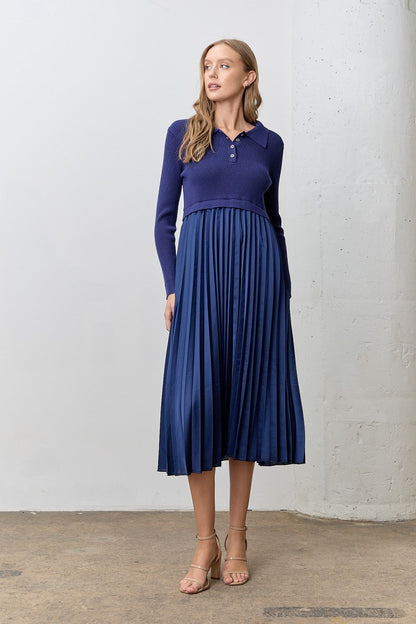 Navy Collared Knit Contrast Pleated Skirt Maternity Midi Dress