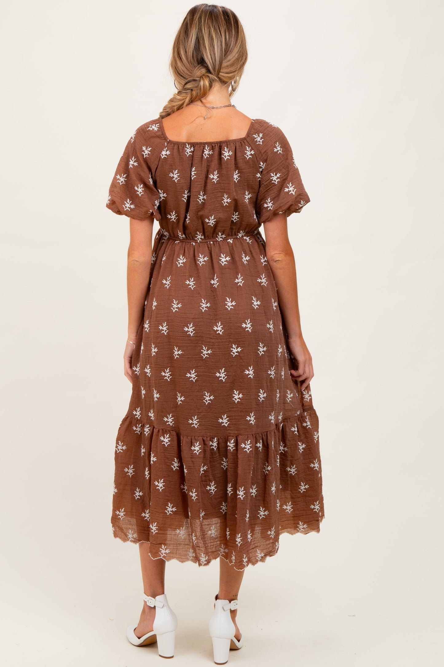 Brown Floral Embroidered Tiered Maternity Midi Dress