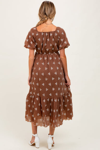 Brown Floral Embroidered Tiered Maternity Midi Dress