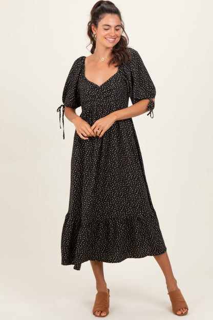 Black Floral Tie Sleeve Maternity Midi Dress