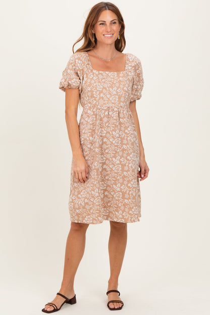 Taupe Floral Jacquard Square Neck Maternity Dress