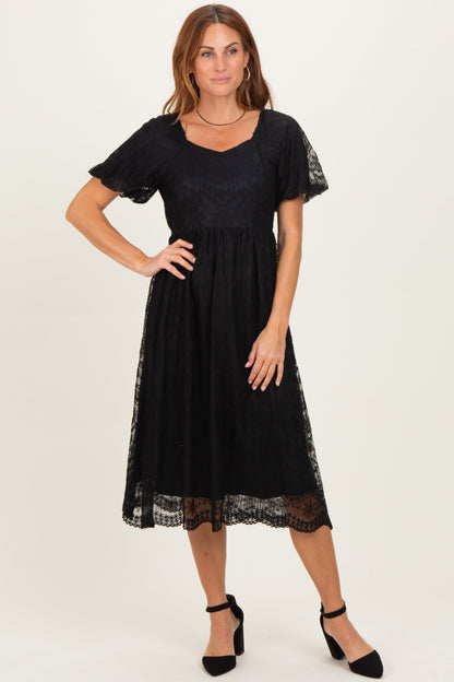 Black Lace Sweetheart Neck Short Sleeve Maternity Midi Dress