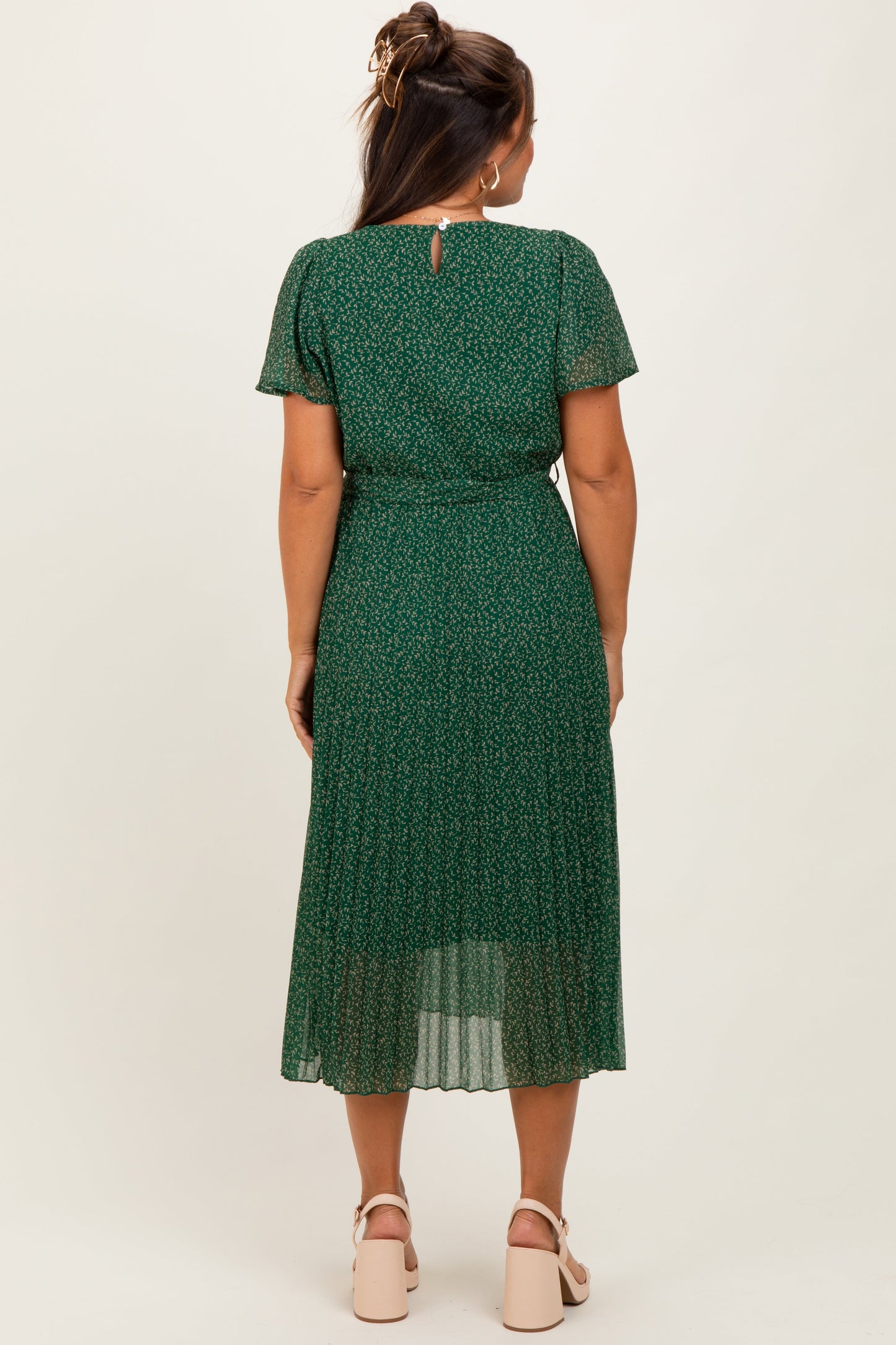 Forest Green Leaf Print Pleated Maternity Midi Dress