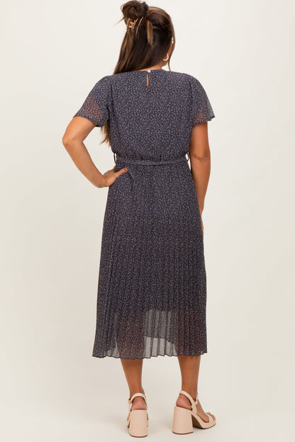 Grey Leaf Print Pleated Maternity Midi Dress
