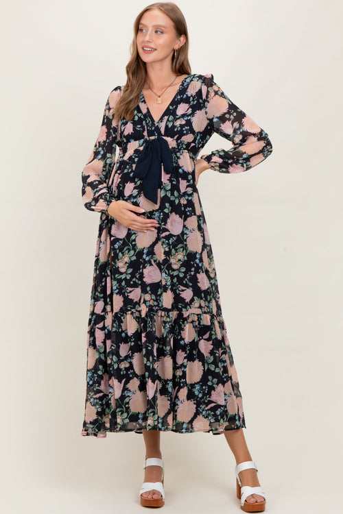 Navy Floral Chiffon Bow Tie Front Maternity Maxi Dress