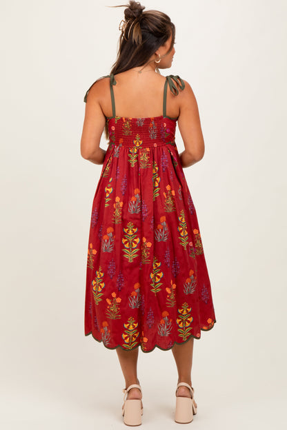 Rust Floral Scallop Edge Shoulder Tie Maternity Midi Dress