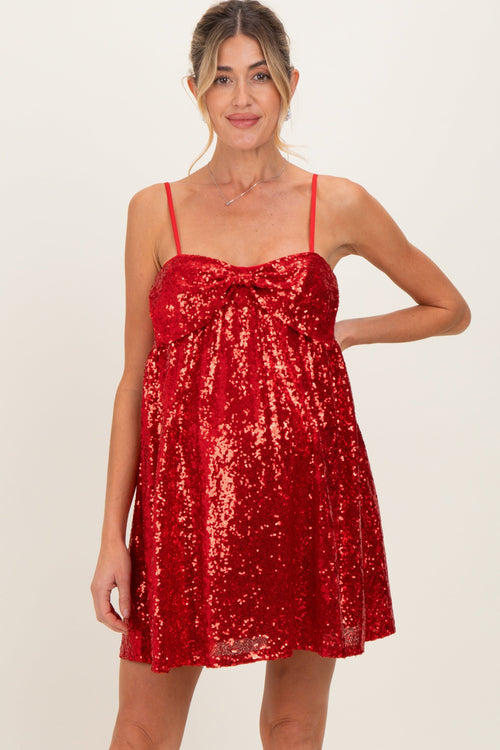 Red Bow Front Sleeveless Sequin Maternity Mini Dress
