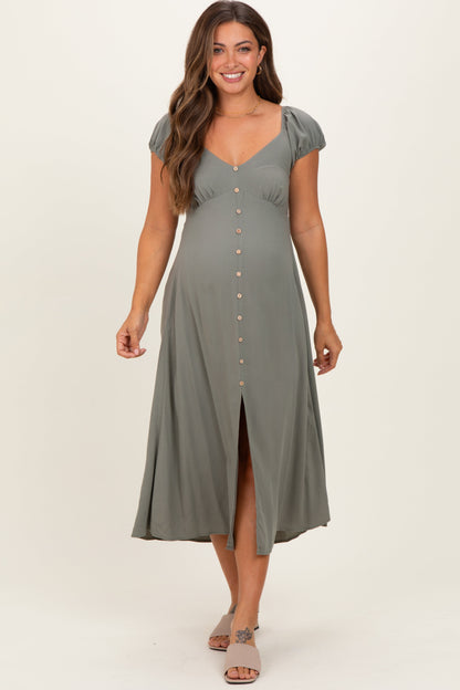 Olive Button Accent Front Slit Maternity Midi Dress