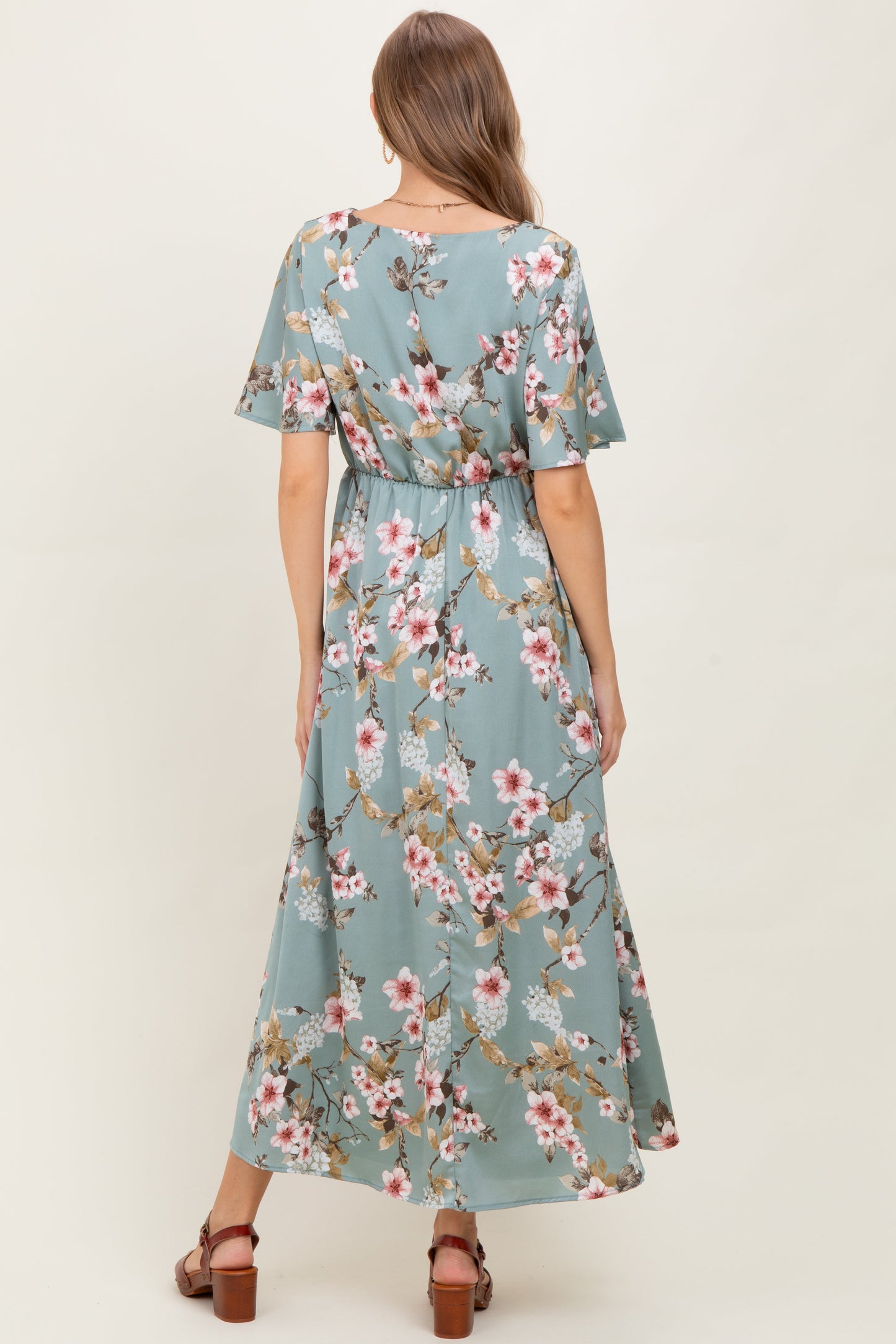 Light Olive Floral Flutter Sleeve Maternity Maxi Dress