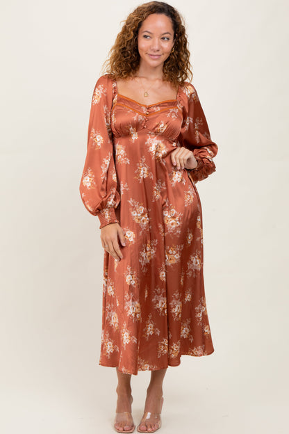 Rust Satin Floral Bubble Sleeve Maternity Midi Dress