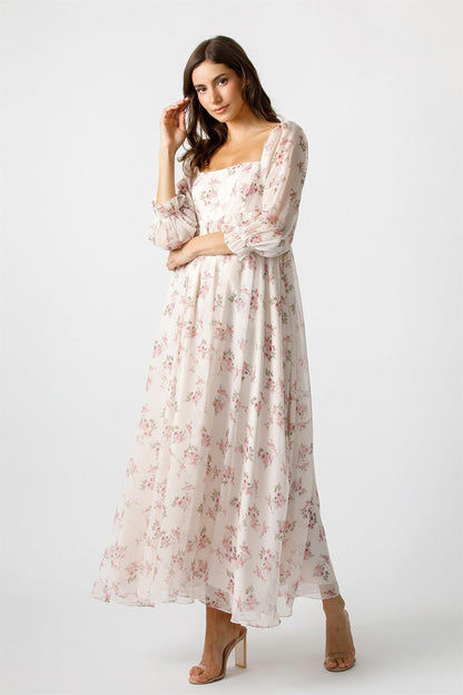 Light Pink Floral Chiffon Long Sleeve Maternity Maxi Dress