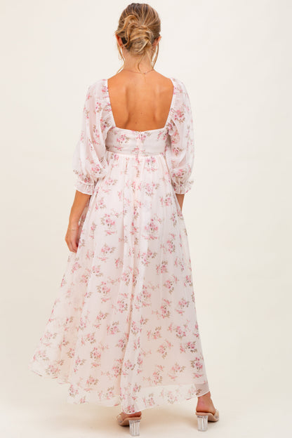 Light Pink Floral Chiffon Long Sleeve Maternity Maxi Dress