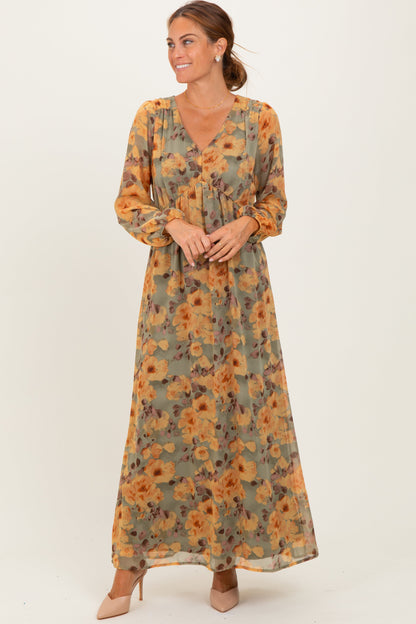 Light Olive Floral V-Neck Long Sleeve Maternity Midi Dress