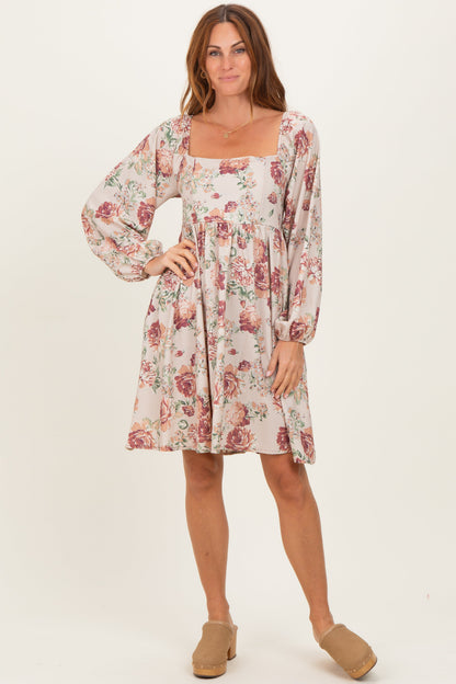 Cream Rose Floral Long Sleeve Maternity Dress