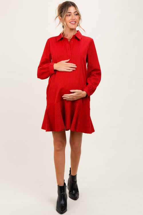 Rust Striped Long Sleeve Drop Waist Maternity Polo Dress