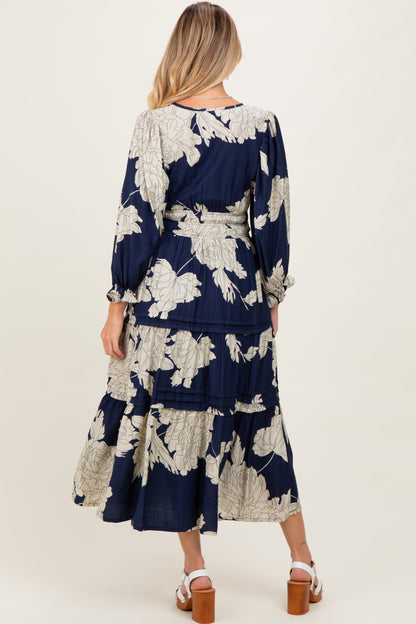 Navy Floral Long 3/4 Sleeve Tiered Maternity Midi Dress