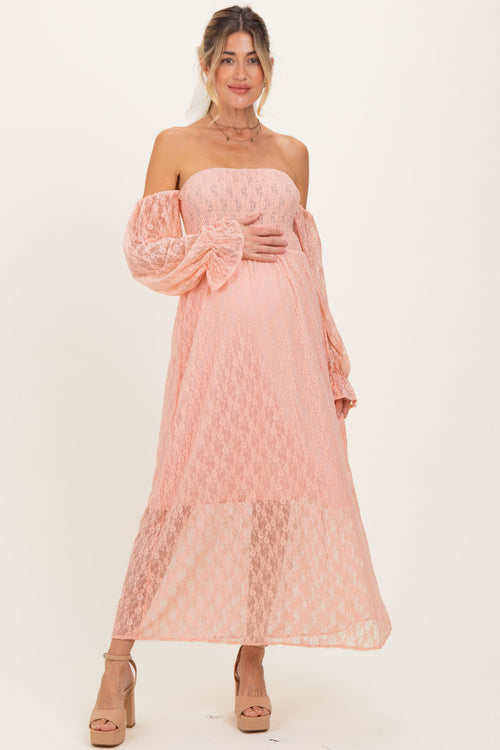 Peach Lace Overlay Smocked Maternity Maxi Dress