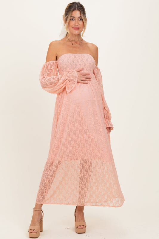 Peach Lace Overlay Smocked Maternity Maxi Dress