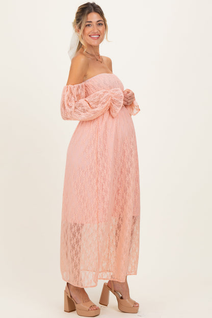 Peach Lace Overlay Smocked Maternity Maxi Dress