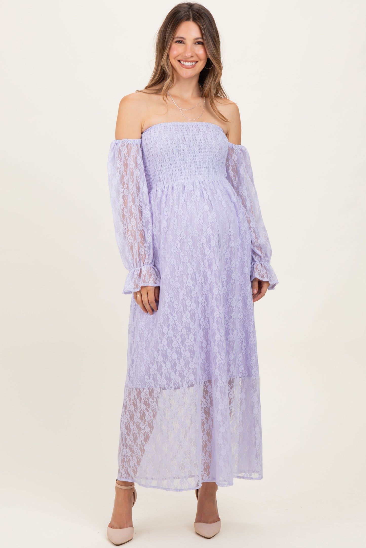 Lavender Lace Overlay Smocked Maternity Maxi Dress
