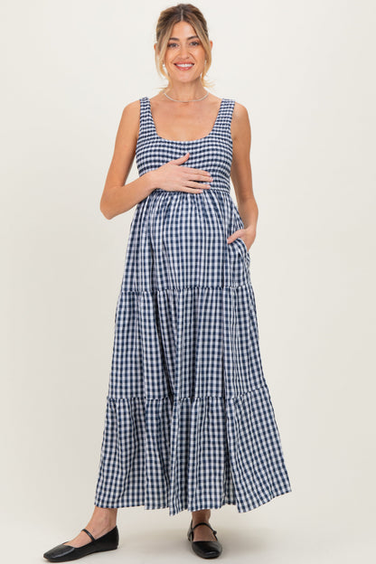 Blue Gingham Sleeveless Tiered Maternity Maxi Dress