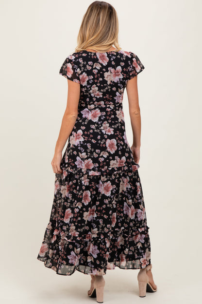 Black Floral V-Neck Side Silt Maternity Maxi Dress