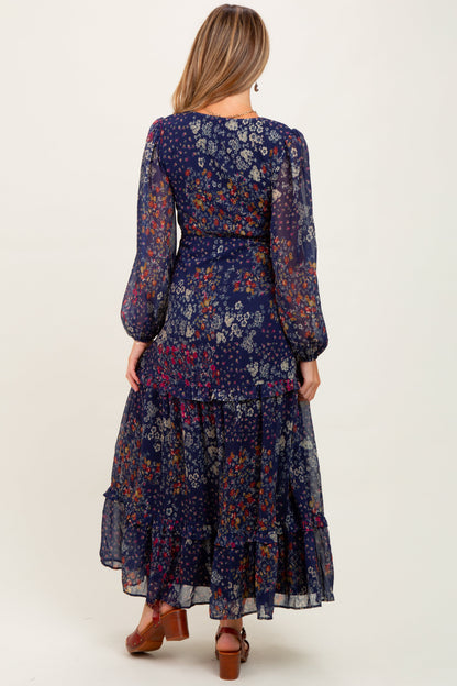 Navy Floral Chiffon V-Neck Long Sleeve Maternity Maxi Dress
