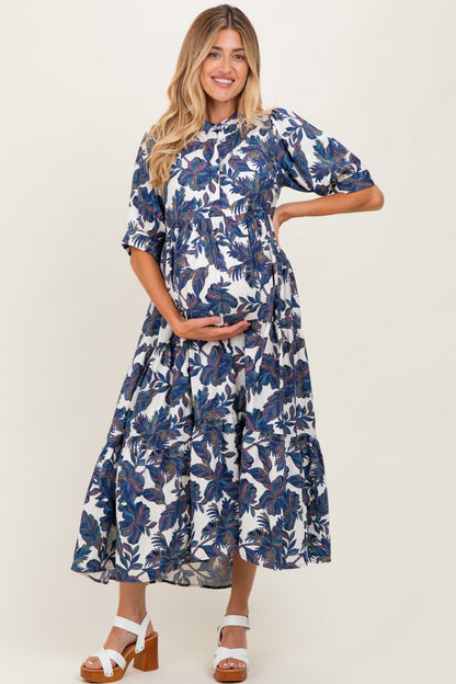 Navy Leaf Print Tiered Maternity Midi Dress