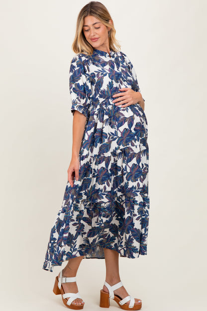 Navy Leaf Print Tiered Maternity Midi Dress