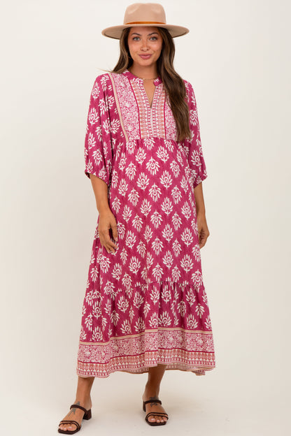Pink Floral Contrast Print 3/4 Sleeve Maternity Midi Dress