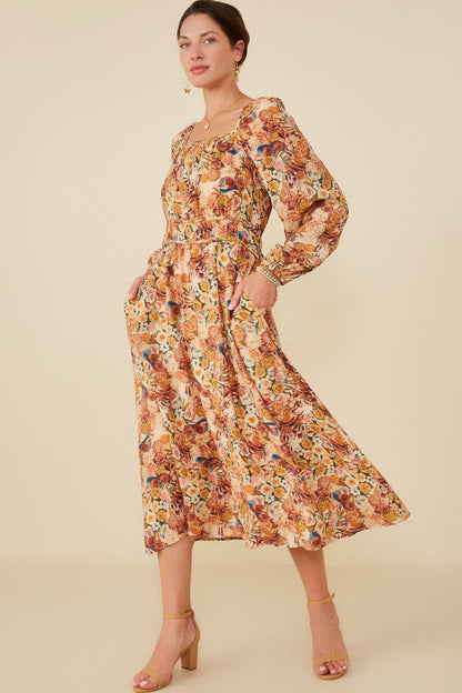 Cream Floral Fruit Smocked Waist Maternity Midi Dress