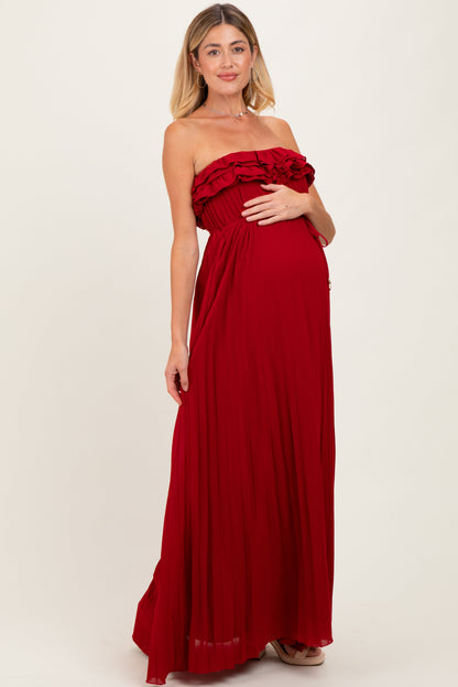 Red Ruffled Chest Pleated Maternity Maxi Dress With Self Tie