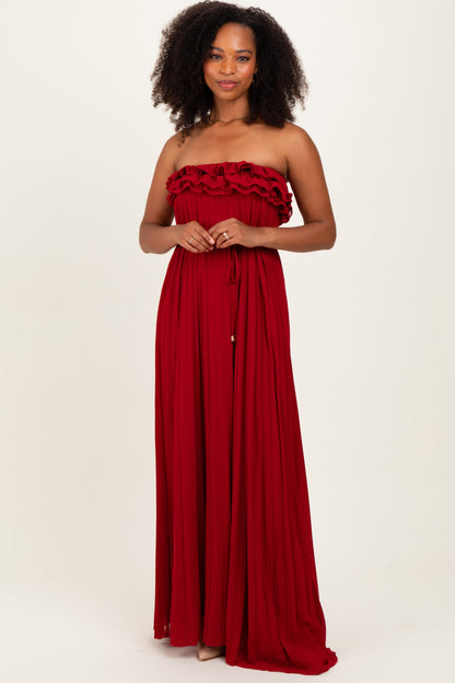 Red Ruffled Chest Pleated Maternity Maxi Dress With Self Tie