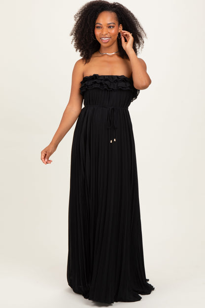Black Ruffled Chest Pleated Maternity Maxi Dress With Self Tie