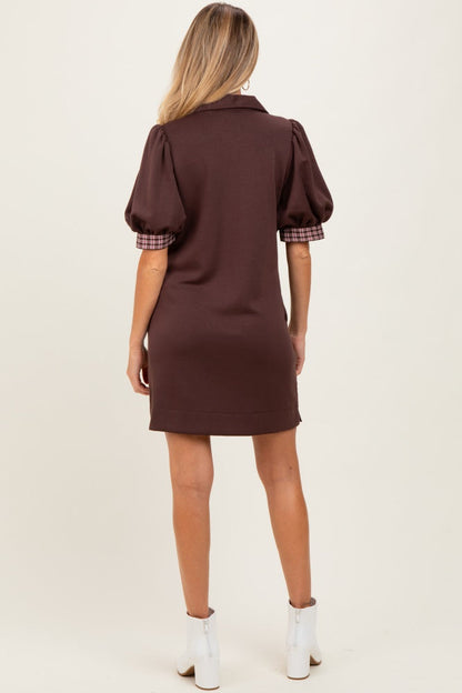 Brown Plaid Accent Puff Sleeve Maternity Mini Dress