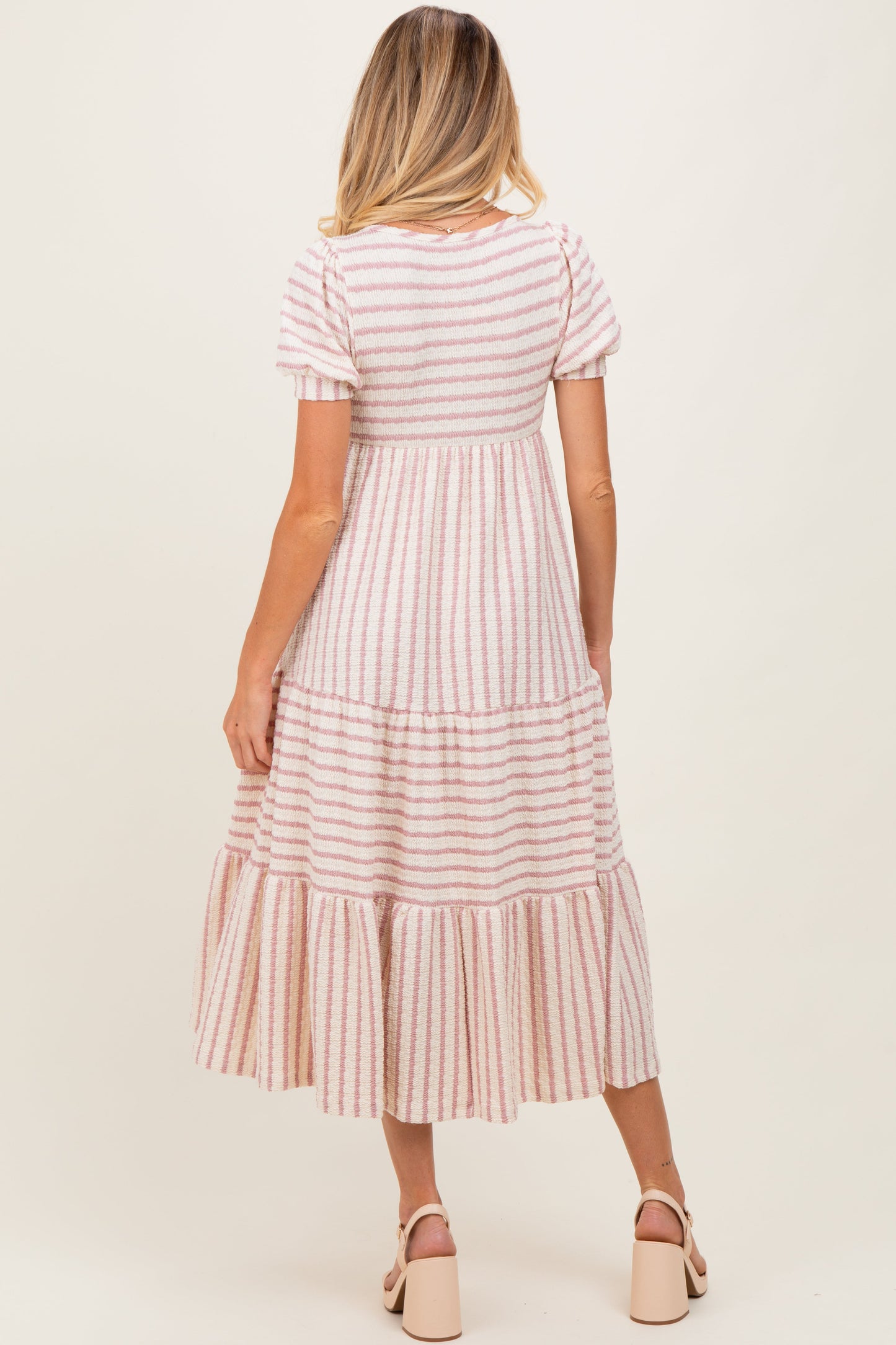 Cream/Mauve Striped Short Sleeve Tiered Maternity Maxi Dress