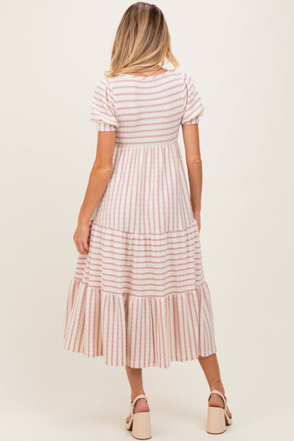 Cream/Mauve Striped Short Sleeve Tiered Maternity Maxi Dress