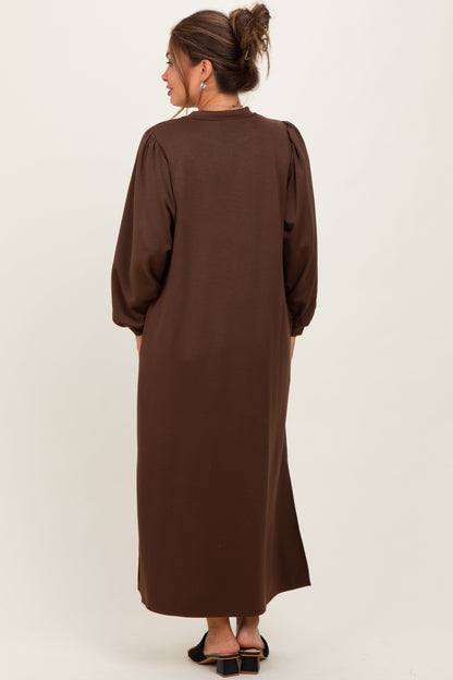 Brown Side Slit Detail Solid Maternity Midi Dress