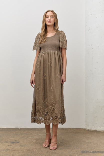 Olive Smocked Lace Detail Maternity Midi Dress