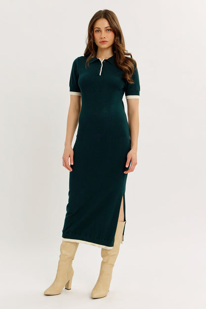 Dark Green Sweater Side Slit Maternity Midi Dress