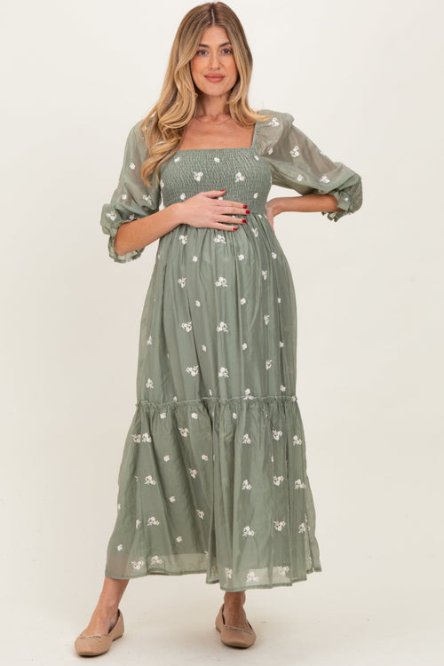 Light Olive Floral Embroidered Smocked 3/4 Sleeve Maternity Midi Dress